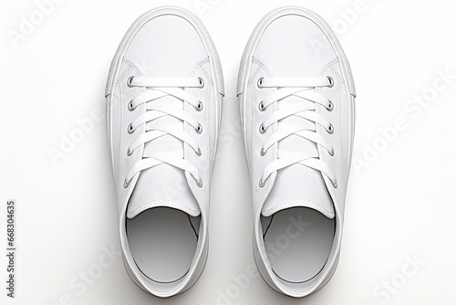 A pair simple white walking sneaker shoe high top sneaker shoe is isolated on a white grey background. Concept of a sneaker design. Generative AI.