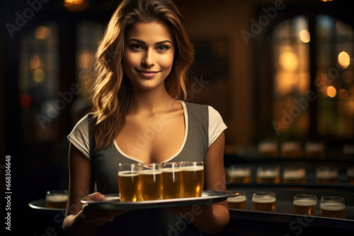 A contented  smiling young waitress carries a tray with numerous beer glasses  exuding hospitality and cheerfulness