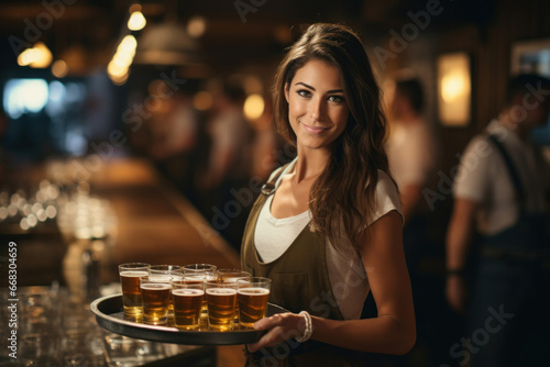 A cheerful young woman  working as a waitress  gracefully holds a tray stacked with beer glasses  illustrating her friendly approach and professional service