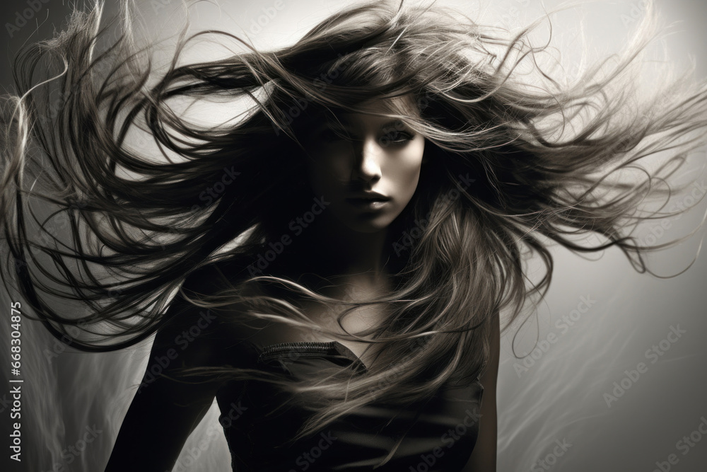 A woman with flowing, long hair poses against the backdrop of the sky A woman with flowing, long hair poses against the backdrop of the sky