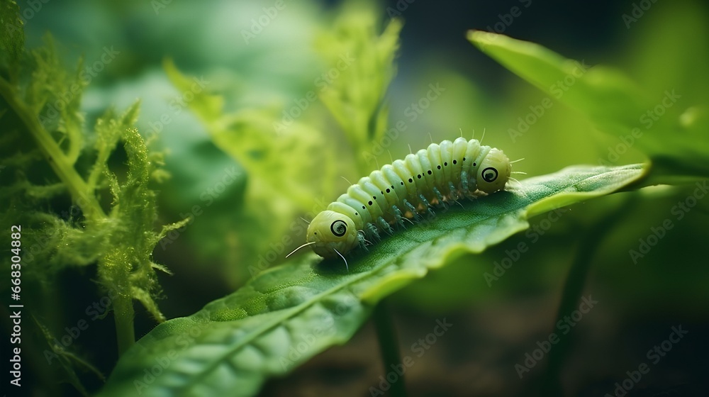 hairless caterpillar eating a leaf with plant background 