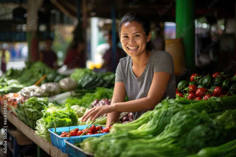 The happy Asian saleswoman offers a delightful variety of farm-to-table produce, supporting local agriculture and promoting wholesome nutrition