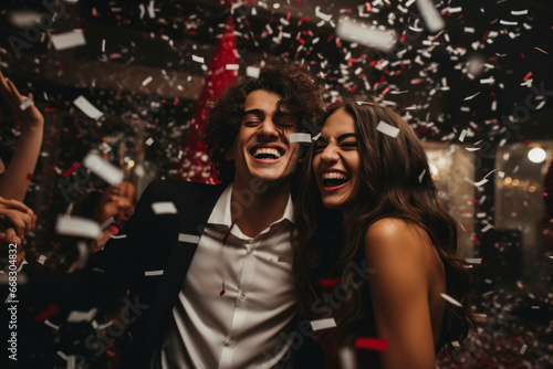 A joyful young couple surrounded by flying confetti and a festive atmosphere, smiling brightly