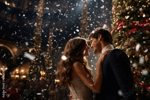 Happy, smiling young pair in a festive ambiance, enveloped by swirling confetti