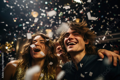 Cheerful couple, their smiles lighting up the scene amid a rain of celebratory confetti