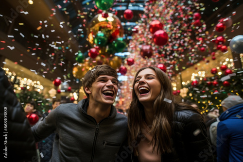 Young couple radiating happiness, encircled by vibrant confetti and the glow of festivity