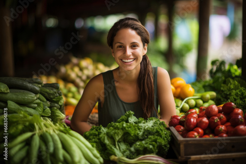 A happy woman at her vegetable market stand promotes wholesome living by selling a diverse selection of organic fruits and vegetables