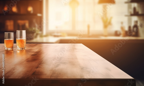 Empty brown wooden table and blur background. Created with Generative AI