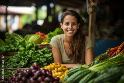 A contented  smiling woman sells fresh fruits and vegetables behind the counter of her vegetable stall  promoting a healthy lifestyle