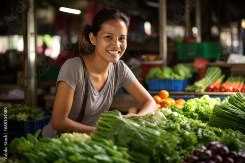 The joyful Asian vendor showcases her fresh produce collection, advocating for nutrition and well-being through her vibrant offerings