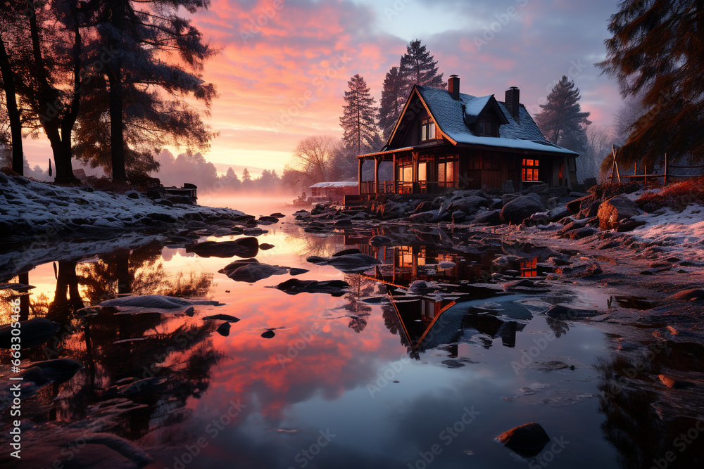 Obraz premium Sunrise of the New Year with house, lake and melting snow in background