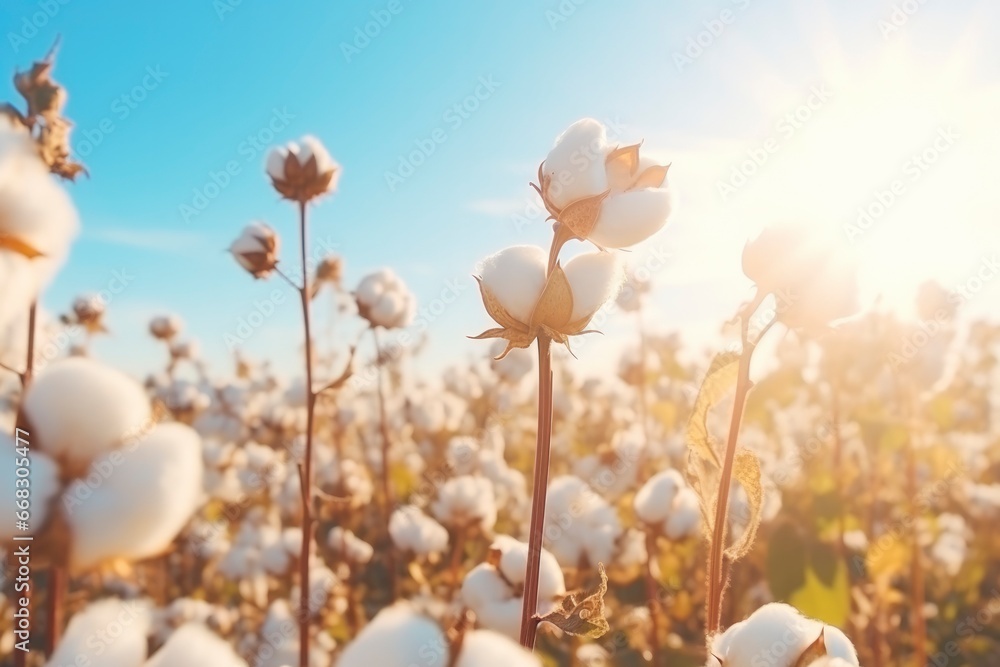 Cotton field. Cotton branches against a blue sky. Beautiful natural background, lush white cotton flowers. Cotton harvest for textile production, agricultural crop, industry - obrazy, fototapety, plakaty 