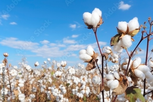 Cotton field. Cotton branches against a blue sky. Beautiful natural background, lush white cotton flowers. Cotton harvest for textile production, agricultural crop, industry © FoxTok