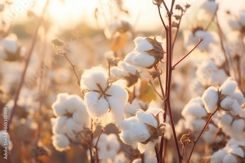 Cotton branches in field at sunset. Beautiful natural bokeh background, lush cotton flowers in soft sunlight. Cotton harvest for textile production, agricultural crop © FoxTok