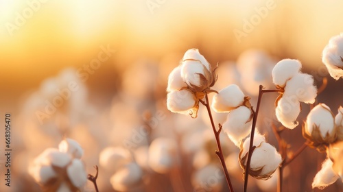 Cotton branches in field at sunset. Beautiful natural bokeh background, lush cotton flowers in soft sunlight. Cotton harvest for textile production, agricultural crop