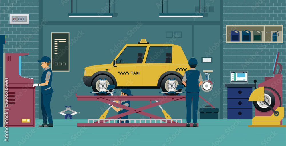 Workers are helping to align cars and balance the wheels.
Workers are helping to align cars and balance the wheels.