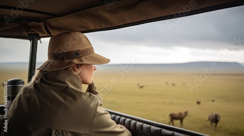 Woman traveler on safari - tour in Africa, traveling by car in Tanzania, watching wild animals and birds in the National park Ngorongoro. 
