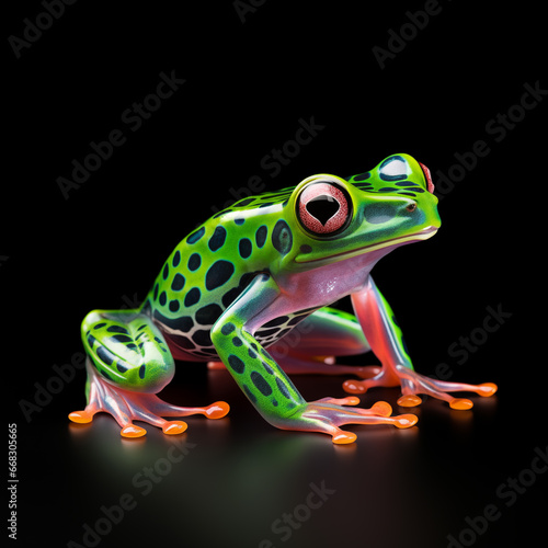 A tropical colourful frog sitting on a black background, in the style light red, pink and green
