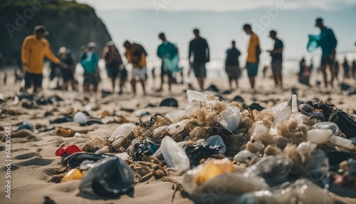 Volunteers in Beach Cleanup Event Removing Trash