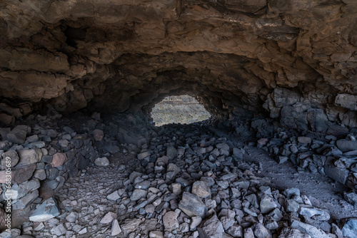 Archaeological complex "La Fortaleza", Santa Lucía De Tirajana, on the island of Gran Canaria, Spain. Cave where the aborigines lived that crosses the mountain with access to a ravine