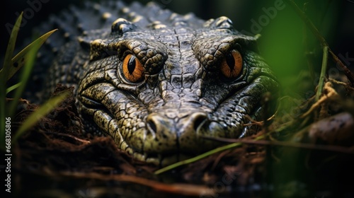 Crocodile blending into swampy vegetation. Generative AI