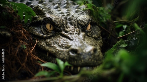 Crocodile blending into swampy vegetation. Generative AI