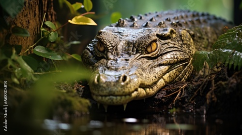 Crocodile blending into swampy vegetation. Generative AI