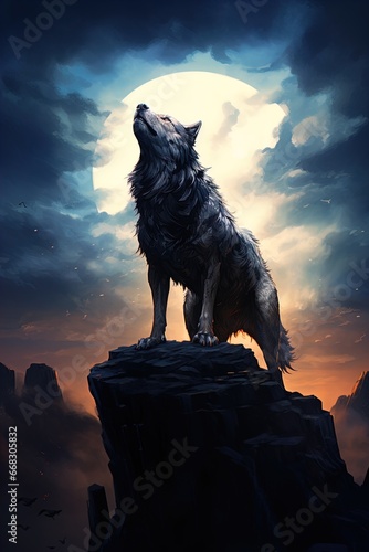 A wolf under a full moon. Great for stories of fantasy  wilderness  adventure  werewolf  RPG and more. 