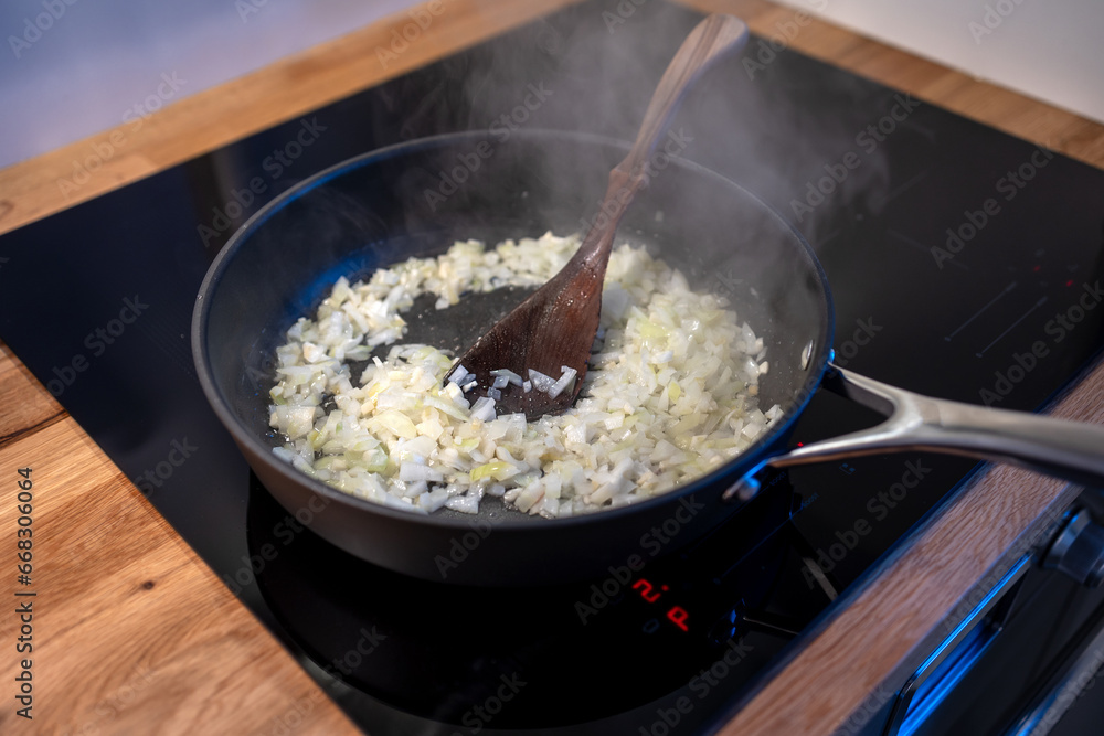 onions preparing on cooking pan onions preparing on cooking pan