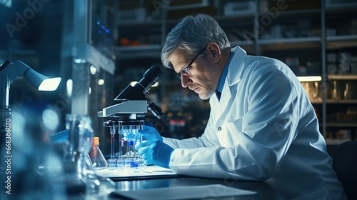 Scientist in lab coat peering through high-powered microscope. Generative AI