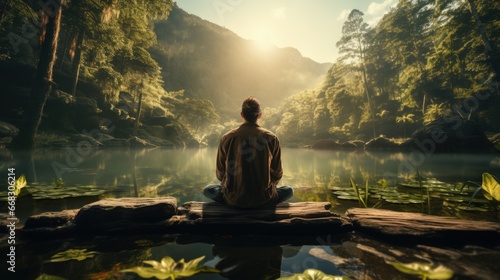 Individual meditating in serene natural setting. Generative AI