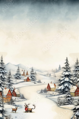 Retro Christmas Frame with Reindeer and Snowy Village