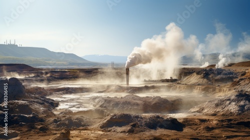 Geothermal energy wells releasing steam from beneath Earth s surface. Generative AI