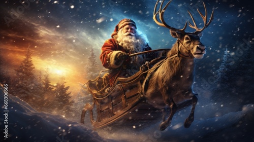 Santa Claus in his sleigh led by reindeer, soaring through starry night sky. Generative AI