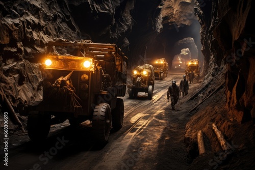 An underground mining operation with workers and machinery.