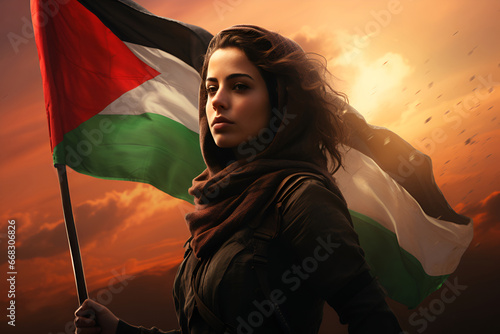 An Arab woman carries a Palestinian flag in her hands
