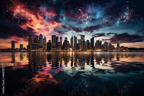 City skyline with colorful fireworks exploding in the night on New Year  