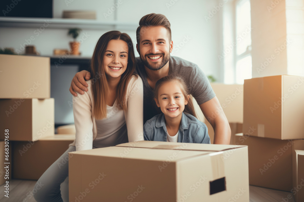Happy family with cardboard boxes in new home on moving day Happy family with cardboard boxes in new home on moving day
