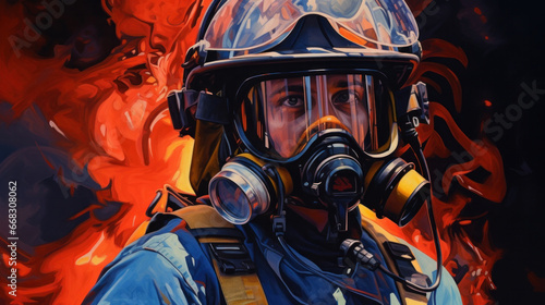 Close up portrait of face firefighter wearing protective uniform and an protective mask