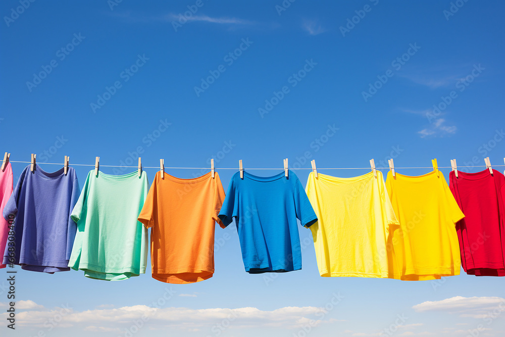 Many colourful rainbow t-shirts hung on the clothesline with clothespins for dying by sunlights.  Generative AI.