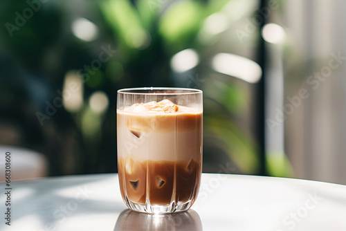 Glass of Dalgona Coffee on coffee shop table, morning atmosphere. Trendy Korean coffee drink made fluffy creamy whipped instant coffee foam poured in milk, layered iced coffee latte