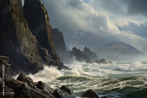 Dramatic sea cliffs facing the roaring ocean. photo