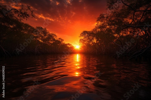 Fiery sunset over tranquil mangrove forests.
