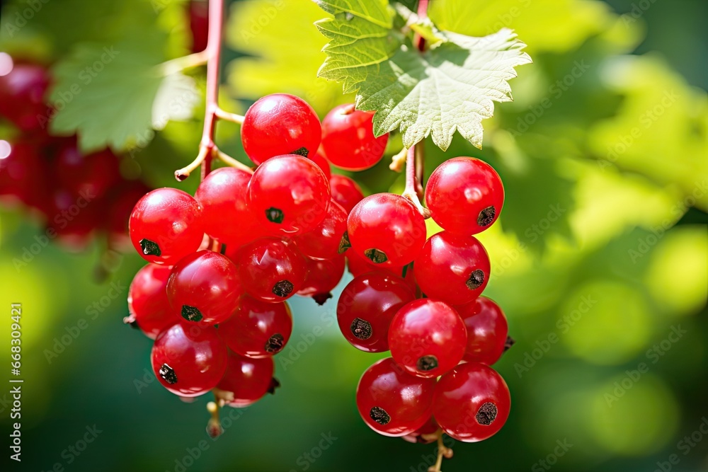 Red currants, nature's summer jewels, hang in bunches on the green bush, a burst of sour freshness. Red currants, nature's summer jewels, hang in bunches on the green bush, a burst of sour freshness.