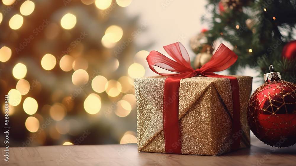 Christmas present, gold and red, bokeh Christmas present, gold and red, bokeh