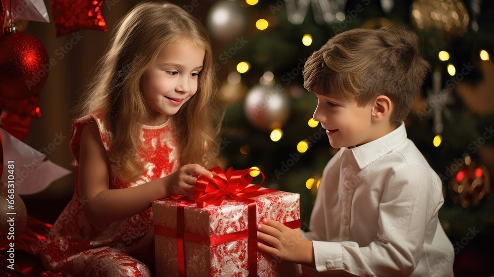 Joyful Kids: Children exchange Christmas gifts by the decorated tree