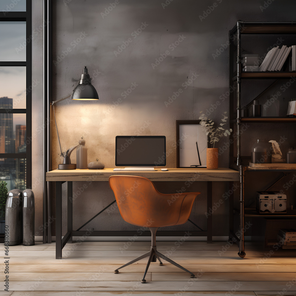 Industrial Home Office interior, Home Office interior mockup, Industrial style Home Office mockup, empty wall mockup