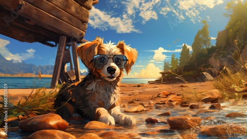 Funny dog ​​with glasses on the beach. Dog on vacation in the sun.