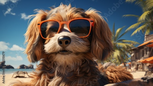 Funny dog ​​with glasses on the beach. Dog on vacation in the sun. © senadesign