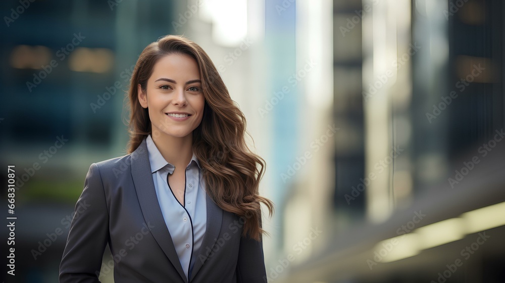 A woman in suit standing outside in a financial city with skyscrapers behind, with a content expression and subtle smile, satisfied for her investments. generative AI A woman in suit standing outside in a financial city with skyscrapers behind, with a content expression and subtle smile, satisfied for her investments. generative AI